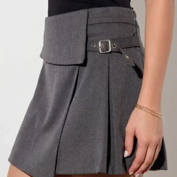 LAST ONE Tomboy Edgy Hipster Wrap Belted Pleated Grunge Mini Skirt Graphite Grey - Picture 4 of 10